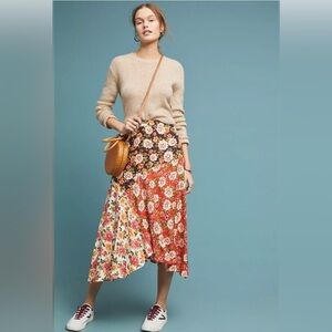 Anthropologie Asymmetrical Floral Skirt - Red and Cream